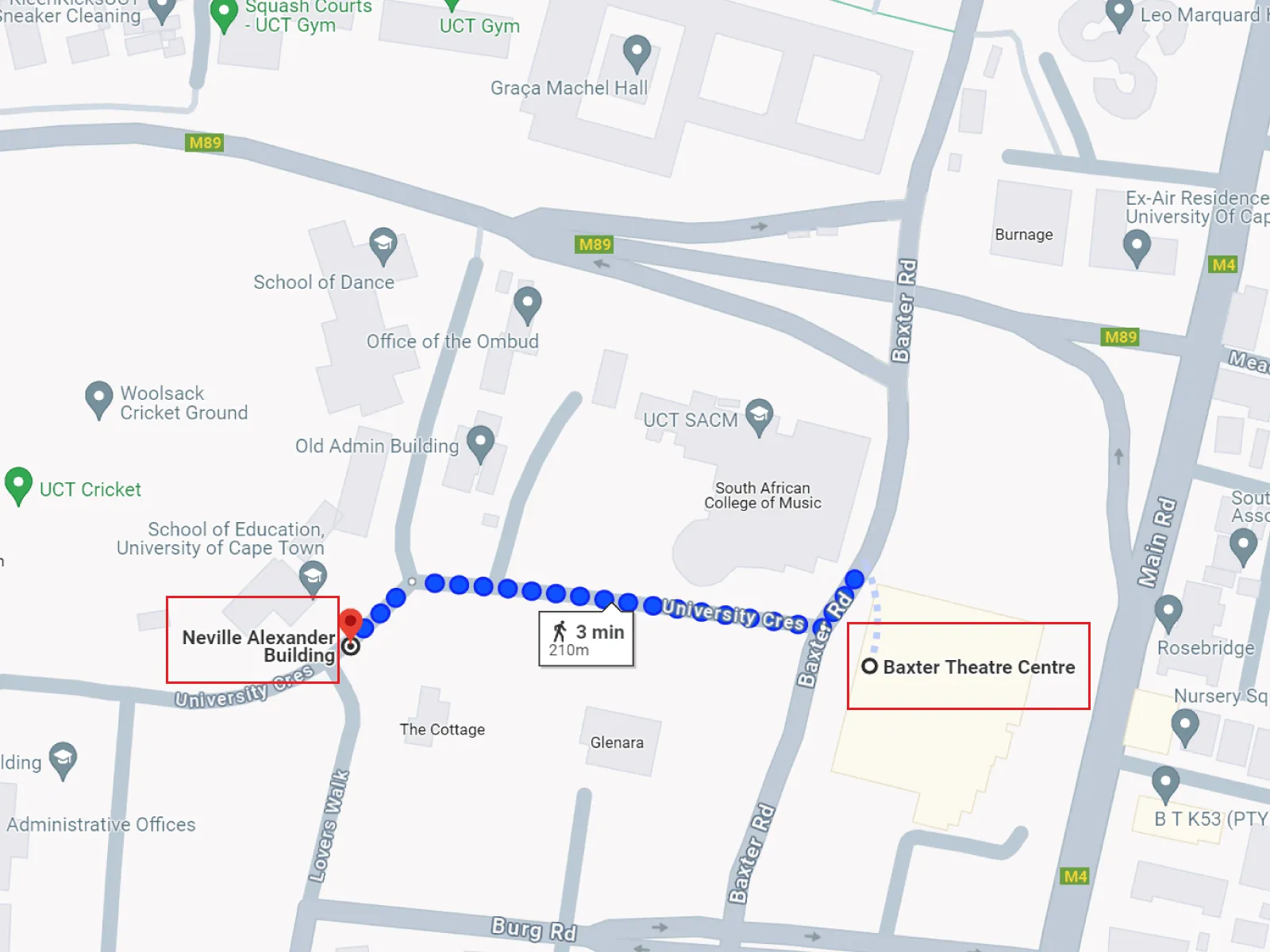 Map of the walking route between the Neville Alexander Building and the Baxter Theatre Centre